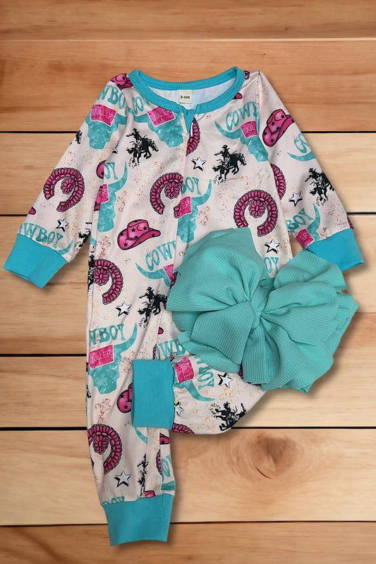 HOWDY" AQUA BULL SKULL PRINTED BABY ROMPER. LR062104-EMILY