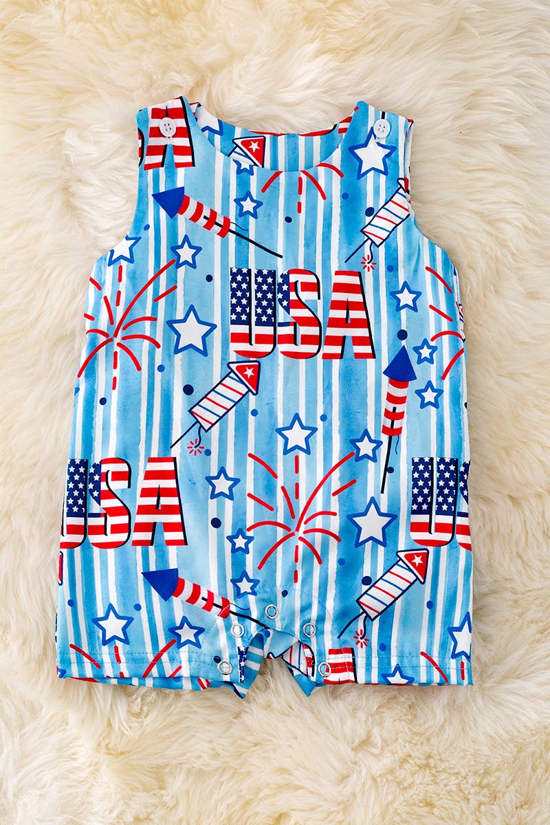 PATRIOTIC PRINTED BOYS BABY ROMPER W/SNAPS. RPB40176 LOI: 0-3M