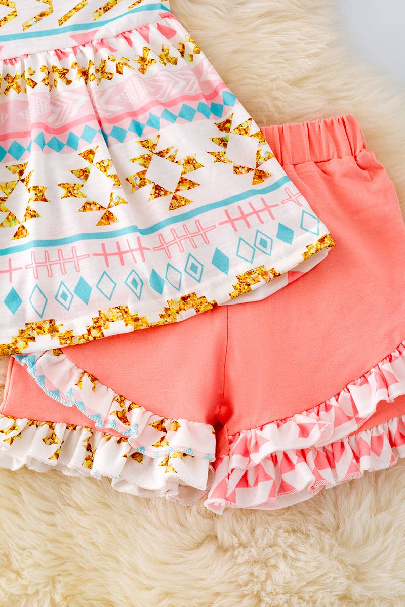 GEOMETRIC PRINTED TUNIC & RUFFLE SHORTS. OFG41069 AMY: S