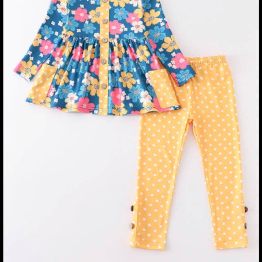 Mustard Floral Print Ruffle Girl Set