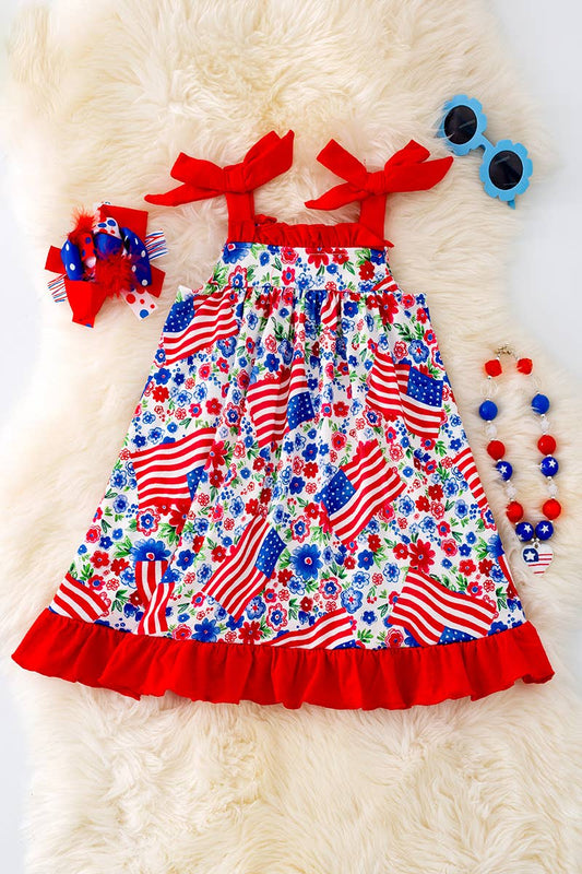 PATRIOTIC PRINTED DRESS W/RED RUFFLE HEM. DRG41504 SOL: S