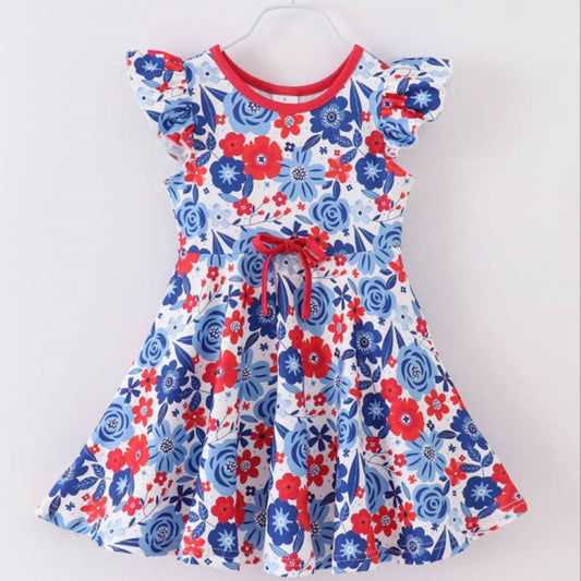 Red White Blue Floral Ruffle Girl Dress