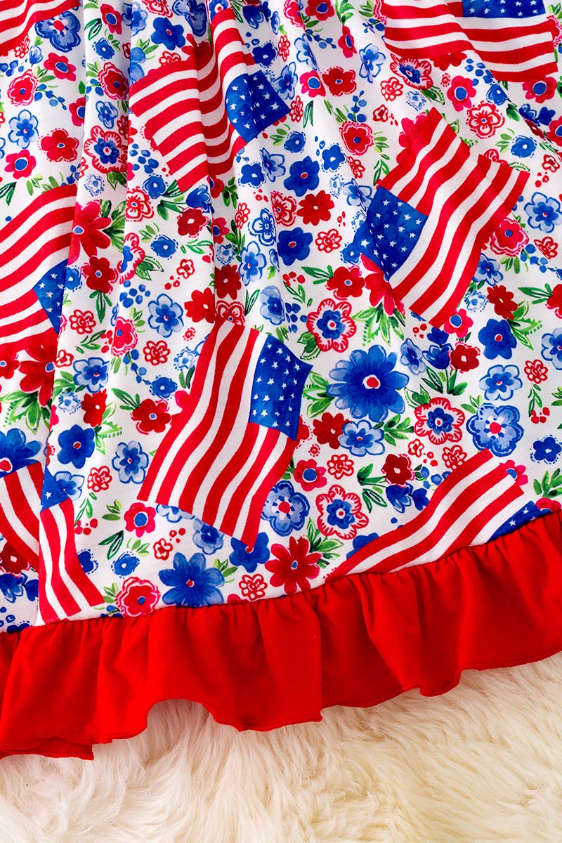 PATRIOTIC PRINTED DRESS W/RED RUFFLE HEM. DRG41504 SOL: S