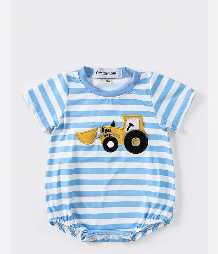 Boy Stripe Tractor Applique Boy Bubble