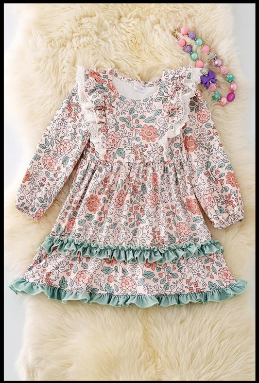 Floral Printed Dress W/ Embroidered Hem