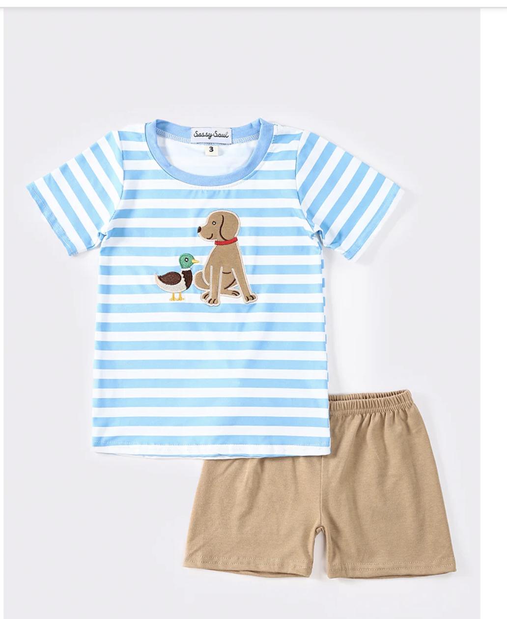 Blue Stripe Puppy Duck Applique Boy Set