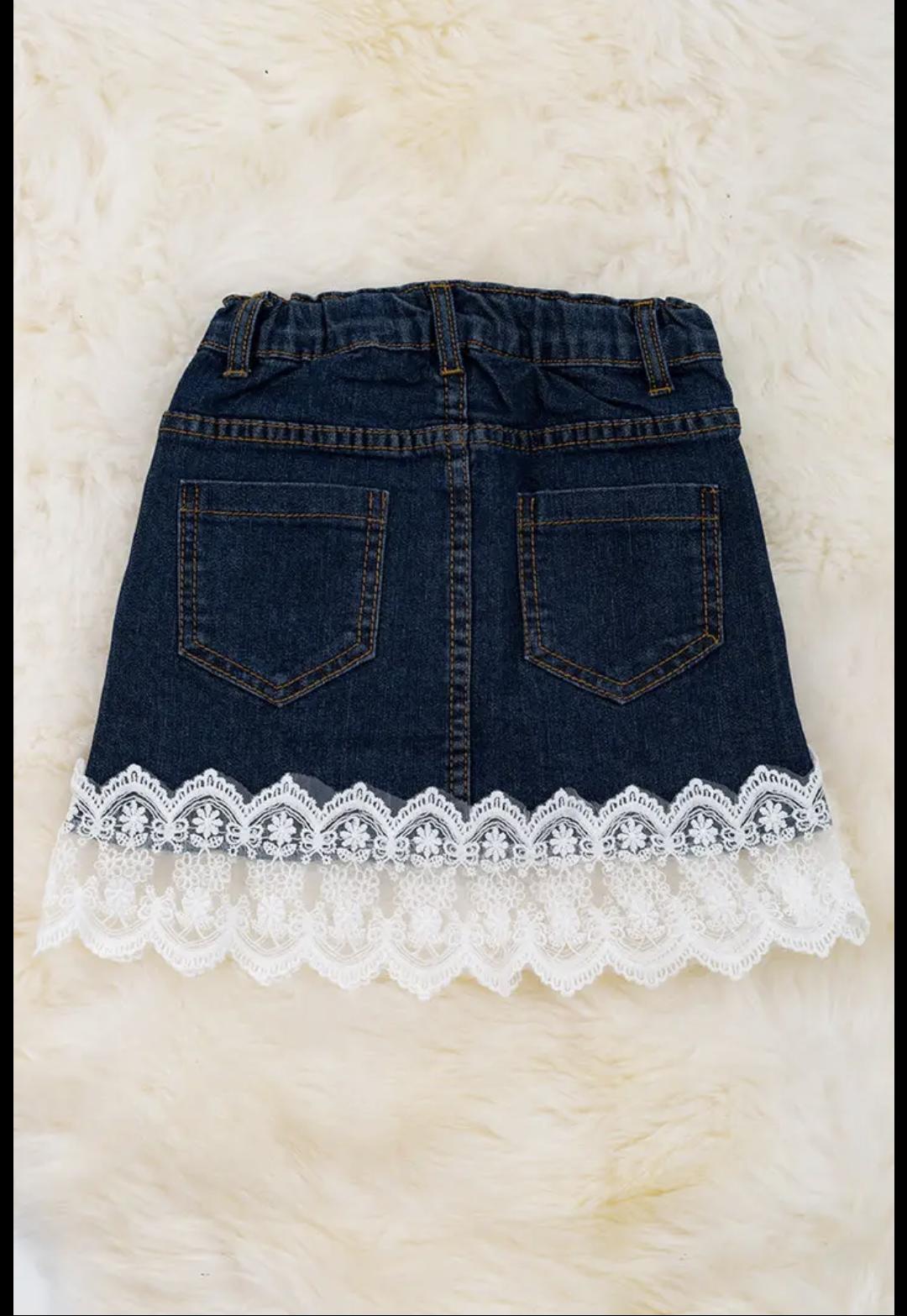 Front zipper denim skirt with lace hem