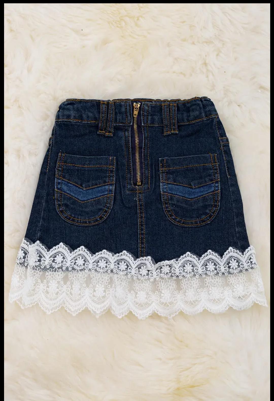 Front zipper denim skirt with lace hem