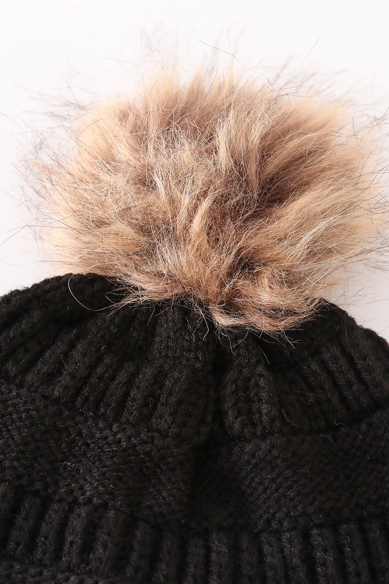Brown pompom leopard cable beanie hat