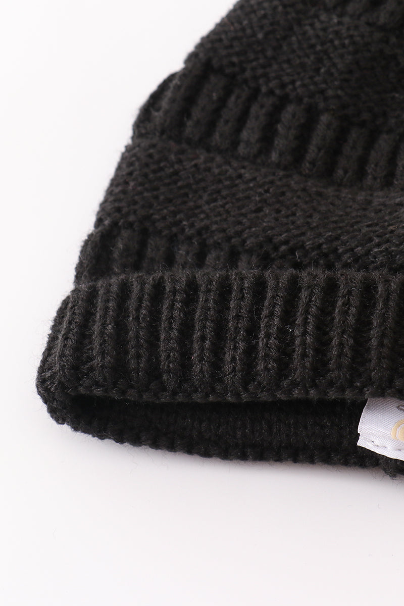 Brown pompom leopard cable beanie hat